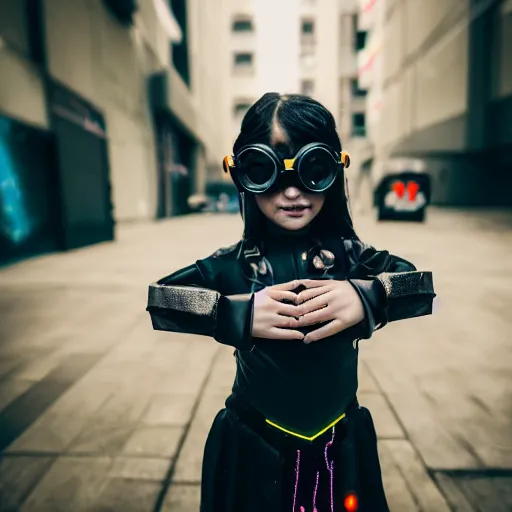 Prompt: a full body photo of a girl dressed in cyberpunk gear with her hands holding a smaller girl in her palm, 5 0 mm lens, f 1. 4, sharp focus, ethereal, emotionally evoking, head in focus, volumetric lighting, blur dreamy outdoor,
