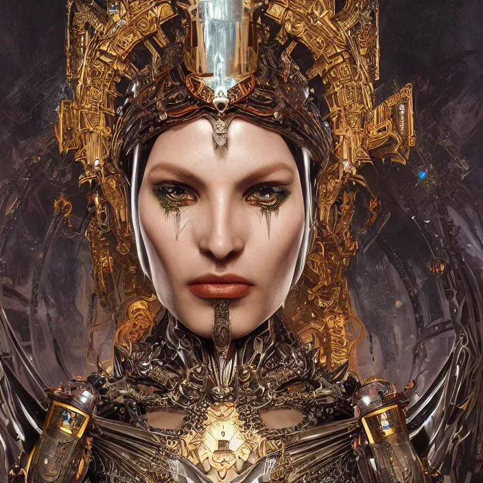 Prompt: mystical evil android queen with obsidian eyes, wearing an elaborate helmet, inside a wax palace, ultra realistic, concept art, intricate details, serious, highly detailed, photorealistic, octane render, 8 k, unreal engine, art by todd mcfarlane and artgerm and greg rutkowski and alphonse mucha