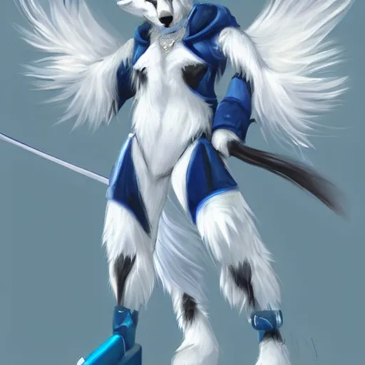 Image similar to furry ( fandom ) art of a cute anthropomorphic white wolf with blue accents and blue eyes, digital art, painting, trending on furaffinity