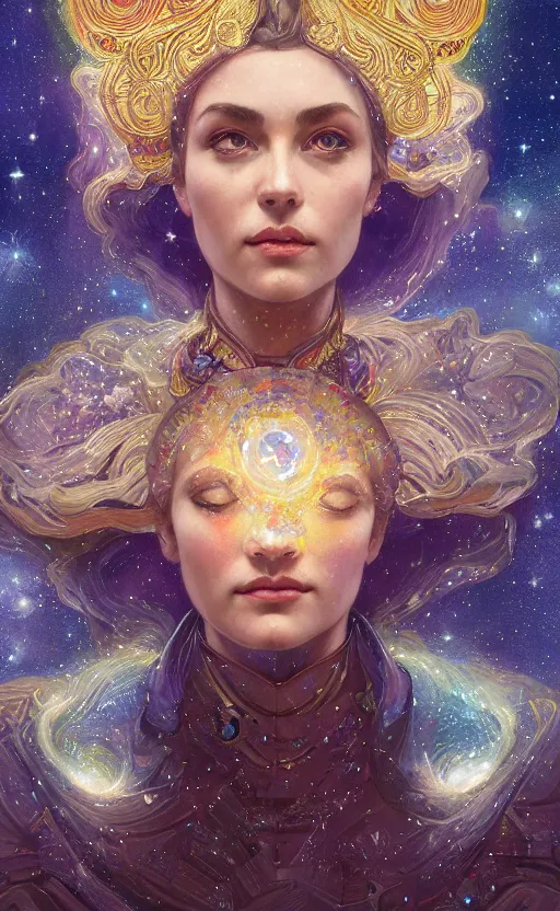 Image similar to portrait of a cosmic goddess, suit made out of stars and galaxies and cosmic energy, intricate, headshot, highly detailed, digital painting, artstation, concept art, sharp focus, cinematic lighting, illustration, art by artgerm and greg rutkowski, alphonse mucha, cgsociety