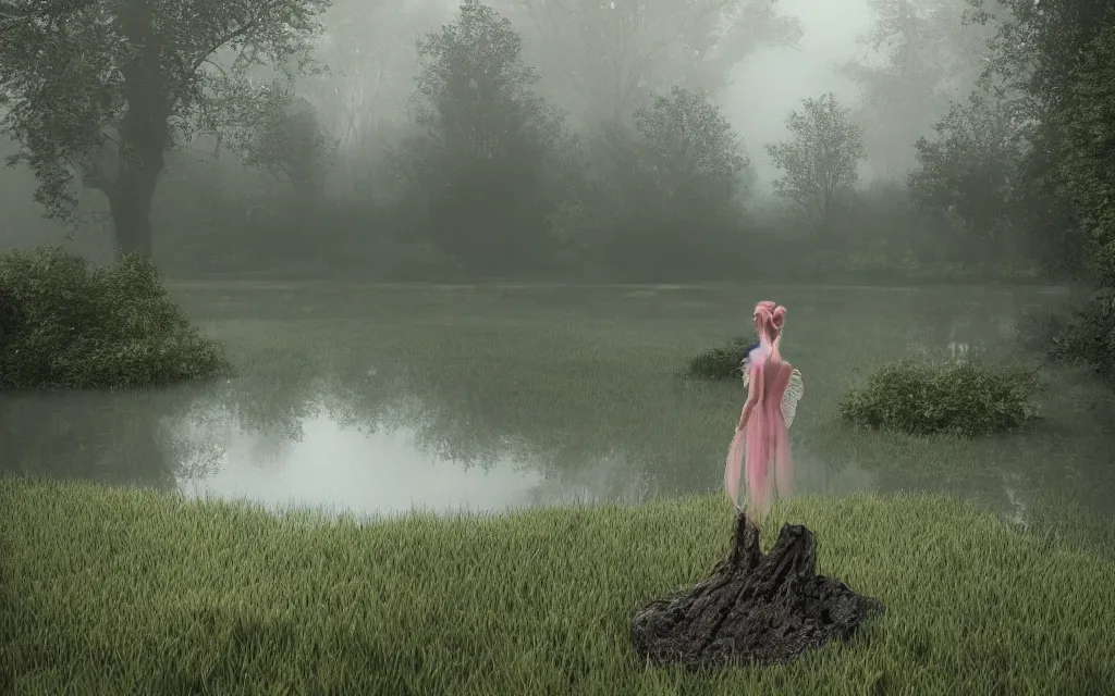 Image similar to gorgeous fairy looking into an aethereal pond in a gloomy meadow covered by fog, photorealistic, 8K rendered with octane