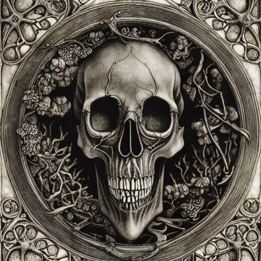 Image similar to memento mori by arthur rackham, art forms of nature by ernst haeckel, ultrasharp, photorealistic, hyperdetailed, octane render, polished, art nouveau, gothic, ornately antique porcelain beautiful skull mask dominant, intricate ornamental organic filigree, art nouveau botanicals, art forms of nature by ernst haeckel, horizontal symmetry, symbolist, visionary