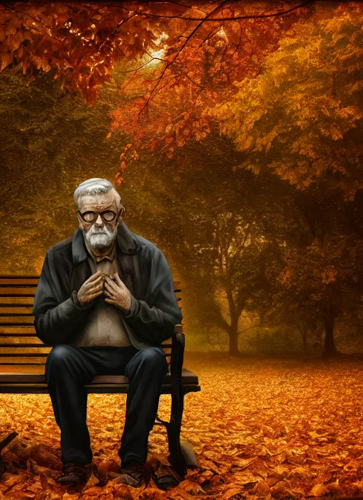 Prompt: man into leaves. conceptual photography portrait of an old man on a park bench falling apart into leaves, autumn tranquility, forgetfulness, fading to dust and leaves, oblivion, inevitability, aging, surreal portrait, moody, by tom bagshaw, hopeless, 4 k