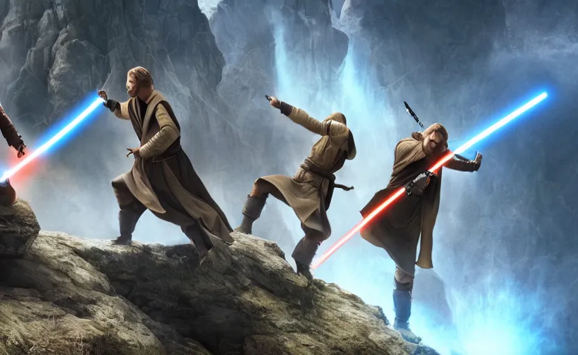 Image similar to anakin skywalker and obi wan kenobi engaging in an epic duel on a cliffside, epic, fantasy artwork, intense, cinematic, raytracing, dynamic lighting, 4 k