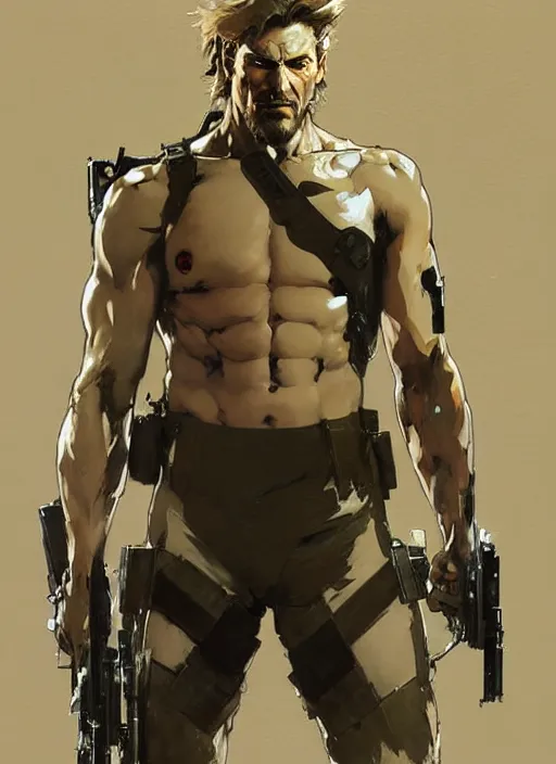 Image similar to beautiful neutral earth toned palette knife painting artwork of solid snake from metal gear solid 1 by yoji shinkawa jeremy mann, full body character portrait warhammer, charlie bowater and magali villeneuve and alphonse mucha, gaston bussiere, craig mullins, j. c. leyendecker, by artgerm