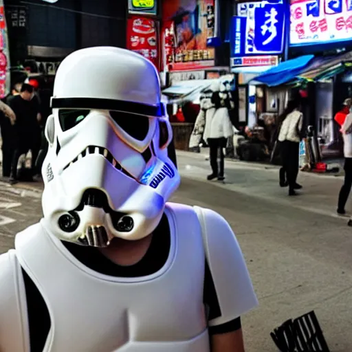 Image similar to storm trooper drinking soju at a street vendor in seoul