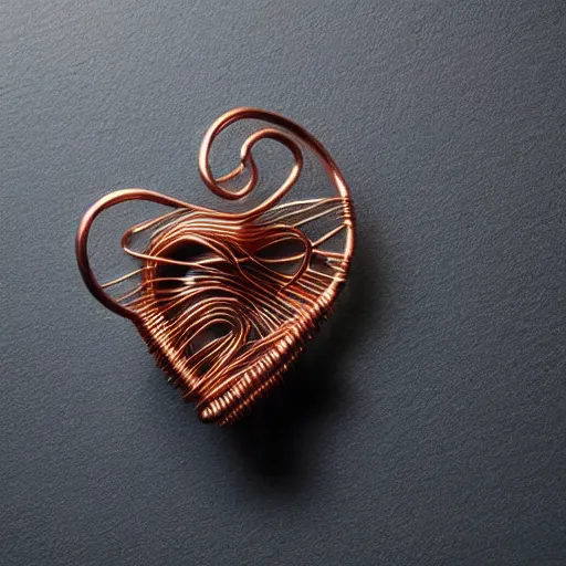 Image similar to a very beautiful tiny organic sculpture in the shape of a ( ( ( ( human heart ) ) ) )!!!!!!!!!!!!!!!!!!!!!!!!! made of copper wire and threaded pipes, very intricate, curved. studio lighting, high resolution, high quality, black background