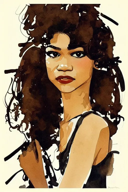 Prompt: beautiful portrait of Zendaya by Milo manara and David downton