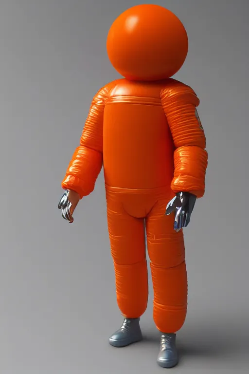 Prompt: still figurine of a tall giant inflated space man action figure wearing over sized orange puffy bomber jacket, tareme eyes, small head, personification, dynamic pose, detailed product photo, tone mapped, beautiful composition, 8 5 mm, f 5. 8, soft lighting