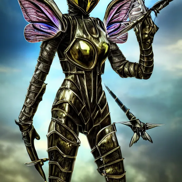 Prompt: adult fairy warrior with insectoid armour, 4 k, hdr, smooth, sharp focus, high resolution, award - winning photo, anne stokes, photorealistic