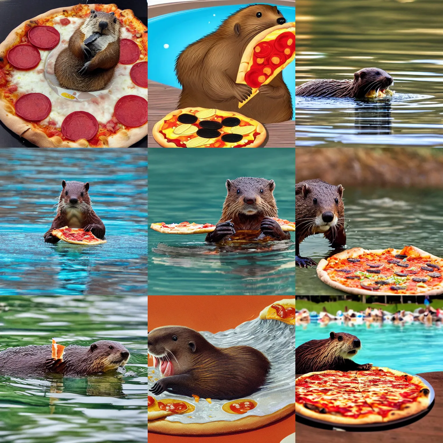 Prompt: A beaver swimming, eating a slice of pizza