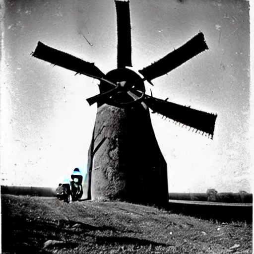 Image similar to worshippers dressed in robes belonging to the cult of the windmill. Dilapidated 1800s windmill. Old windmill. 1800s photo.