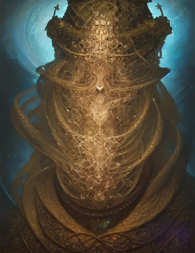 Image similar to front shot of a court jester character, hyperdimensional, bioluminescent hypercubes, ((intricate)), elegant, highly detailed, centered, (((artstation, concept art, smooth, sharp focus, artgerm, Tomasz Alen Kopera, Peter Mohrbacher, donato giancola, Joseph Christian Leyendecker, WLOP, Boris Vallejo))), mugshot!!!!!, ugly!!!!!!, octane render, nvidia raytracing demo, grainy, muted, 8K, digitalblasphemy