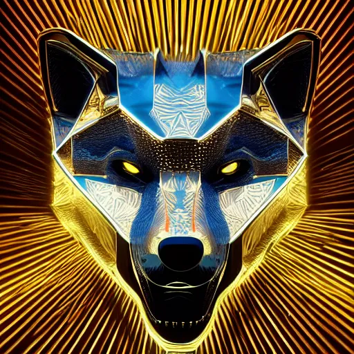 Image similar to chrome and gold wolf, glossy, metallic, neon, symmetrical, tribal patterns, realistic, unreal engine, octane, redshift, artstation, behance