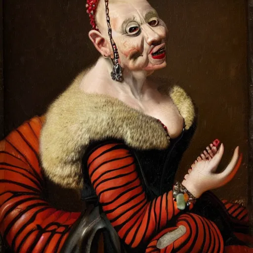 Image similar to dutch golden age oil painting by christian rex van minnen portrait of an extremely bizarre disturbing mutated woman wearing fancy fur and jewels with intense chiaroscuro lighting perfect composition