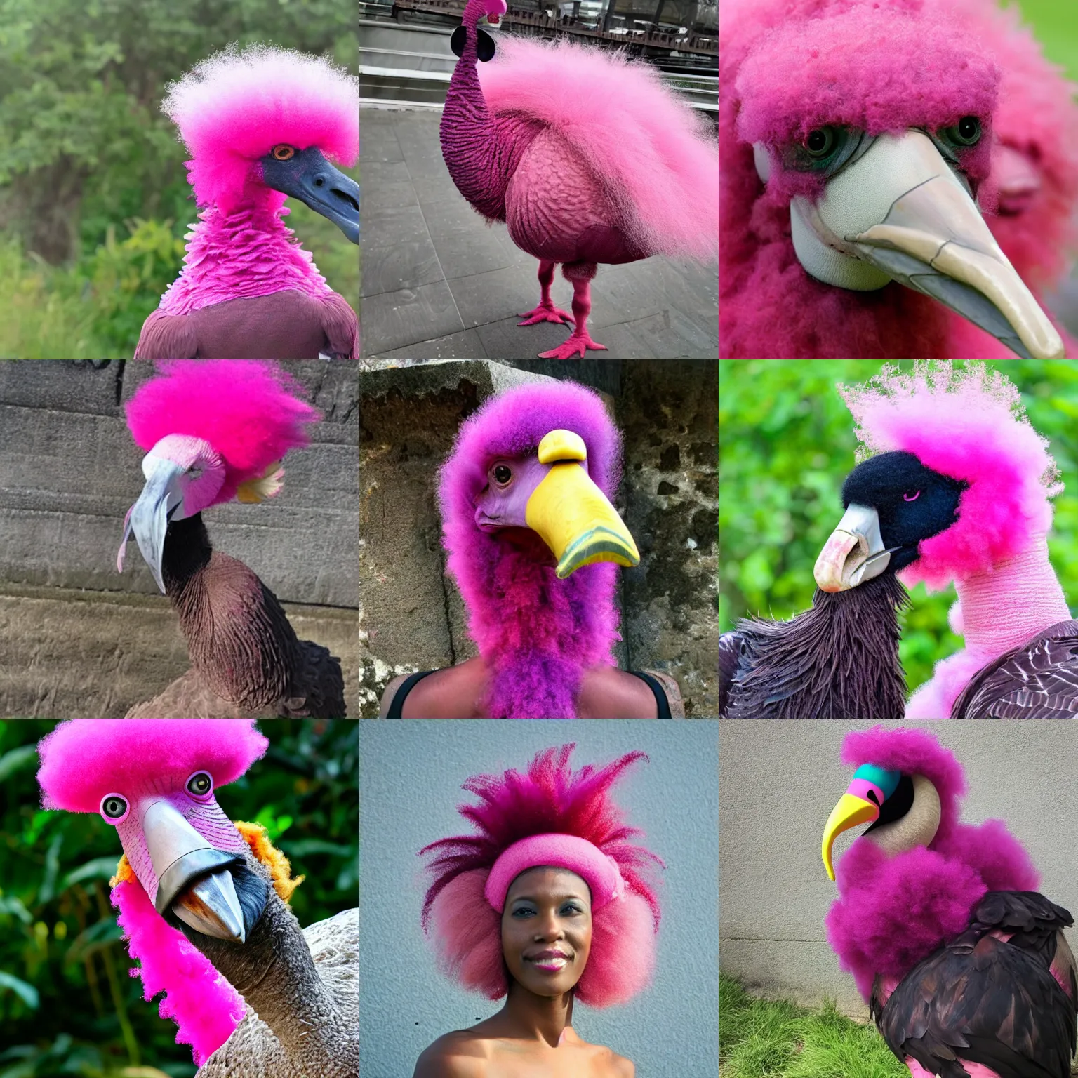 Prompt: a dodo with pink afro hair