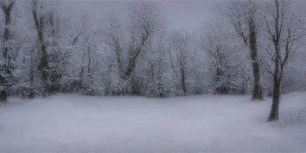 Prompt: Artwork by John Howe of huge piles of white petals here make this clearing look like a snowy wonderland.