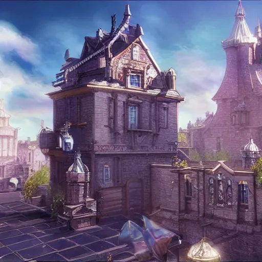 Prompt: magical final fantasy inspired town, european, highly detailed, unreal engine, concept art