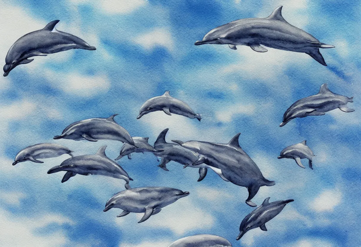 Image similar to close up on the mother of a family of dolphins flying through the sky together science fiction watercolor painting, highly detailed