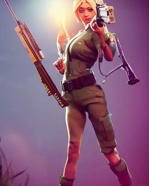 Prompt: beautiful blonde female sniper aiming rifle, award winning creature sniper photography, extremely detailed, artstation, 8 k, sensual lighting, incredible art, fortnite, wlop, artgerm, backlit, rim lighting, hi - fructose