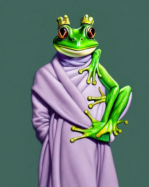Prompt: anthropomorphic art of an elegant green frog, with wine, in a lilac dressing gown by artgerm, victo ngai, ryohei hase, artstation, highly detailed digital painting, smooth, global illumination, fantasy art by greg rutkowsky, karl spitzweg, leyendecker
