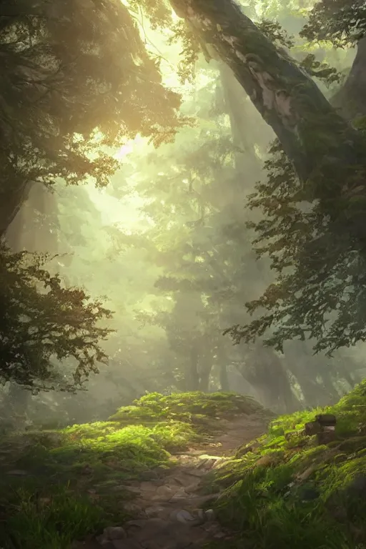 Image similar to forest path, beautiful ancient trees, hiding large treasure chest, serene evening atmosphere, soft lens, soft light, cel - shading, animation, in the style of cgsociety, deviantart, artstation, zbrush, cinema 4 d, studio ghibli, akihiko yoshida, atelier lulua, masamune shirow