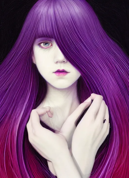 Image similar to hair blackbangs hair, white hair, blackbangswhitehair, portrait of teenage girl with black bangs, red irises, purple clothes, black bangs, bangs are white hair is black, intricate, elegant, glowing lights, highly detailed, digital painting, artstation, concept art, sharp focus, illustration, art by wlop, mars ravelo and greg rutkowski