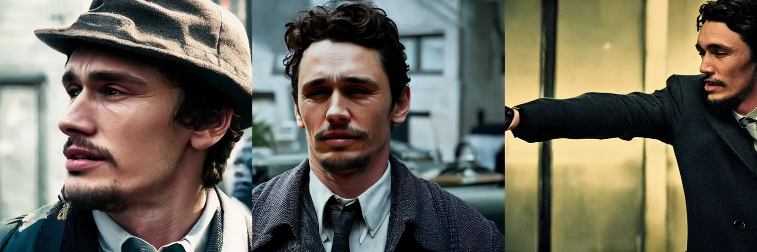 Prompt: close-up of James Franco as a detective in a movie directed by Christopher Nolan, movie still frame, promotional image, imax 70 mm footage