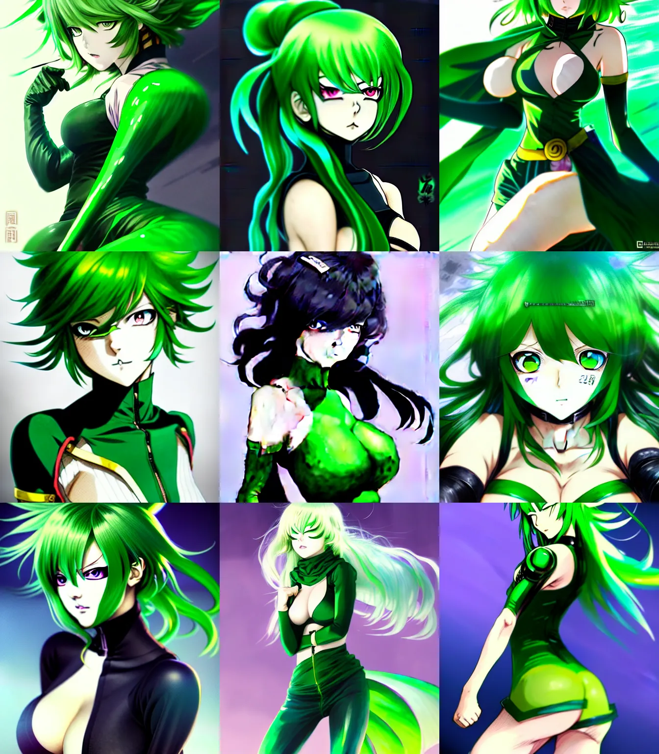 Prompt: rogue anime girl Tatsumaki from One Punch Man flying, green magic, hourglass slim loli figure, green hair and attractive features, dungeons and dragons portrait, seductive smile, highly detailed, digital painting, artstation, concept art, sharp focus, illustration, art by artgerm and greg rutkowski and alphonse mucha