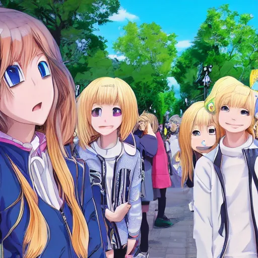 Image similar to blonde - haired princess, anime princess, wearing black jacket and white leggings, looking through crowd, town street, festival street, trees, green trees, blue lighting, blue sunshine, strong lighting, strong shadows, vivid hues, ultra - realistic, sharp details, subsurface scattering, intricate details, hd anime, 2 0 1 9 anime