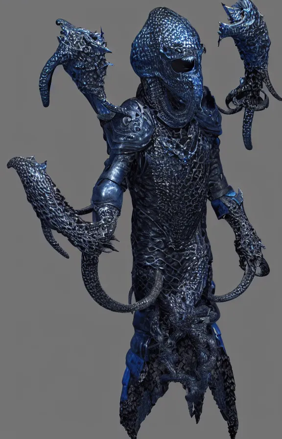 Prompt: detailed hypperrealistic artstation render, full body front view of a scaly black cloaked man, wearing a metallic blue squid mask. he holds in his clawed hands horizontally a large knights steel greatsword, in addition tentacles emerge from his back like wings