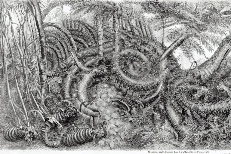 Image similar to naturalist drawing of an extinct giant millipede in a lush fern forest