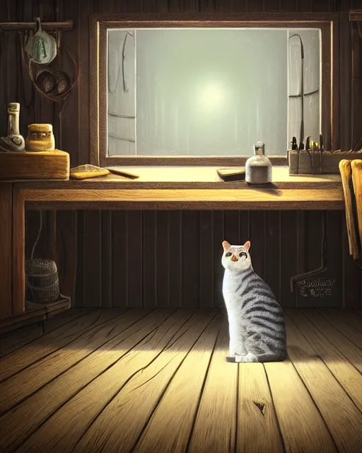 Image similar to style : disco elysium. composition : medium shot. style : digital art ; detailed ; menacing ; 4 k. scenery : the inside of a dark barn ; a faint ray of light is shining through a crack in the planks. subject : a cat hiding behind a workbench ; dark hair ; wearing a white dress.