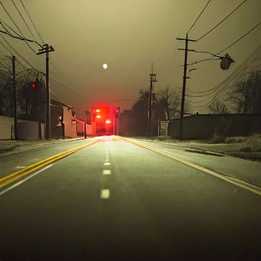 Image similar to A stunningly beautiful award-winning 8K high angle close up cinematic movie photograph of a spooky foggy empty lightless moonlit main intersection in an abandoned 1950s small town at night, by David Fincher and Darius Khonji. perfect composition, shot from roofline, moody low key backlit. Color palette from Seven, greens yellows and reds. 2 point perspective, high angle from 15 feet off the ground. Octane render