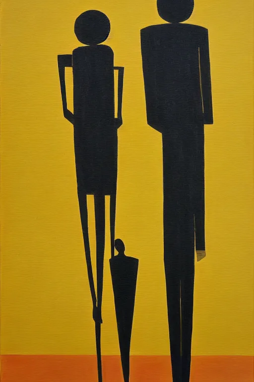 Image similar to neo cubistic painting of two tall figures, sandy yellow colors, in the style of Jessalyn Brooks