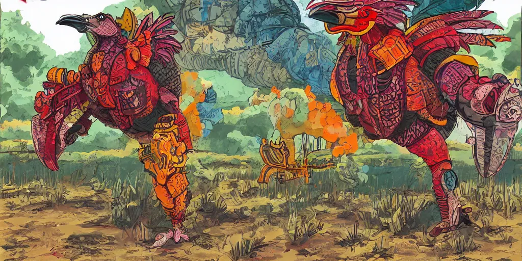 Prompt: colorful illustration of a fully armoured fighting rooster kaiju in a farm, mix of styles, dieselpunk, wes anderson color scheme