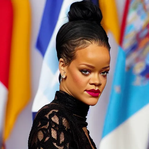 Prompt: Rihanna president of Argentina, flags of Argentina behind, detailed