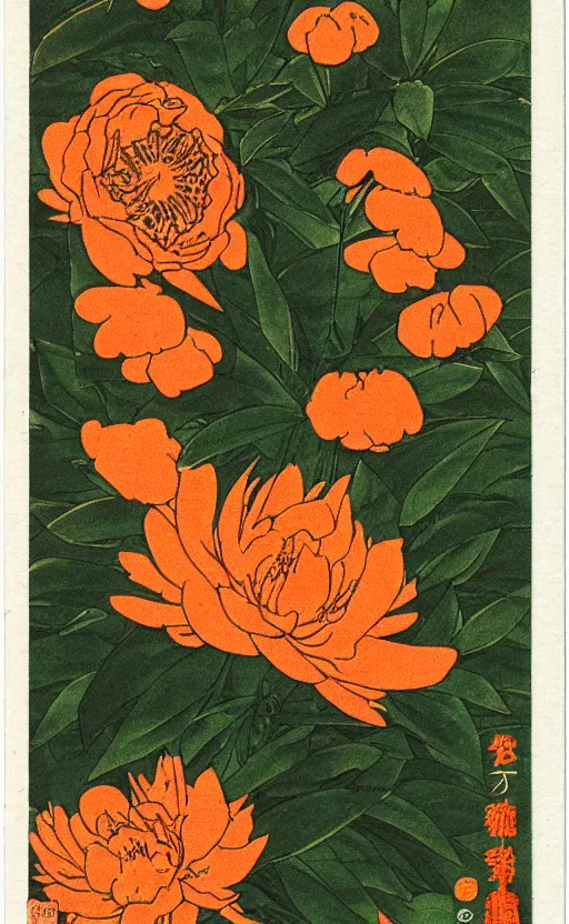 Prompt: by akio watanabe, manga art, portrait of a orange insect butterlfy, peony flower, trading card front