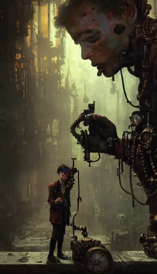 Image similar to hyper realistic photographer looking through camera towards viewer, magical, steampunk, hell boy, painted by mike mignola, craig mullins, j. c. 8 k