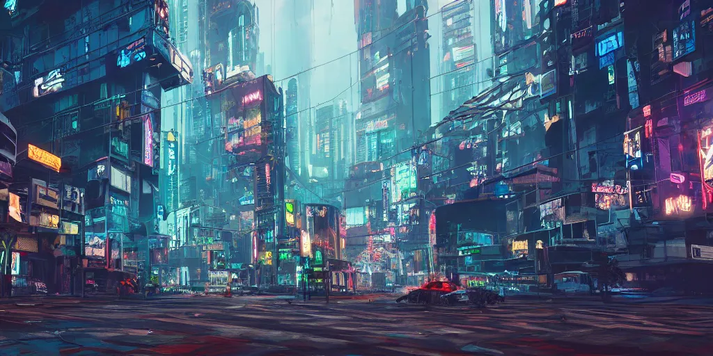 Image similar to Slumpunk Cyberpunk City from street view by Dylan Cole , unreal 5, hyperrealistic, realistic, photorealistic, dynamic lighting, highly detailed, cinematic landscape, studio landscape, studio lighting