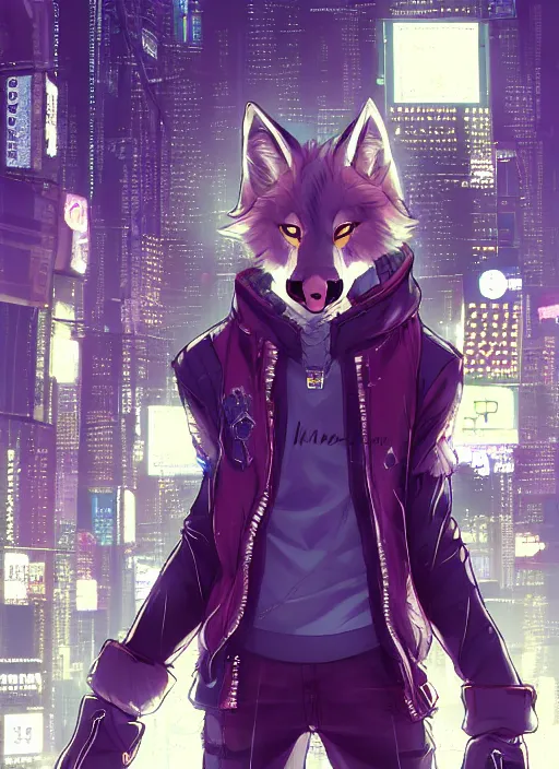 Image similar to character portrait of a male anthro wolf fursona with a tail and a cute beautiful attractive furry face wearing stylish cyberpunk clothes in a cyberpunk city at night while it rains. hidari, color page, tankoban, 4K, tone mapping, Akihiko Yoshida.