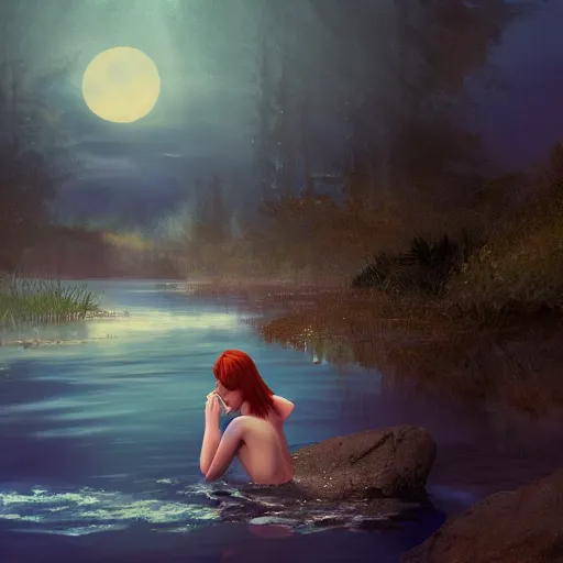 Image similar to redhead beautiful girl bathing in a river, night, moonlight,, beautiful landscape, cinematic, relaxing, extremly high detail, photorealistic, cinematic lighting, post processed, concept art, artstation, matte painting, style by greg rutkowsky