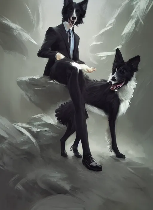 Prompt: beautiful portrait of a cute male anthropomorphic border collie fursona wearing a suit downtown. by charlie bowater, henry asencio, and ross tran. scenic background, detailed, concept art, detailed hands, glamor pose, aesthetic, trending on artstation, top rated on furaffinity and deviantart