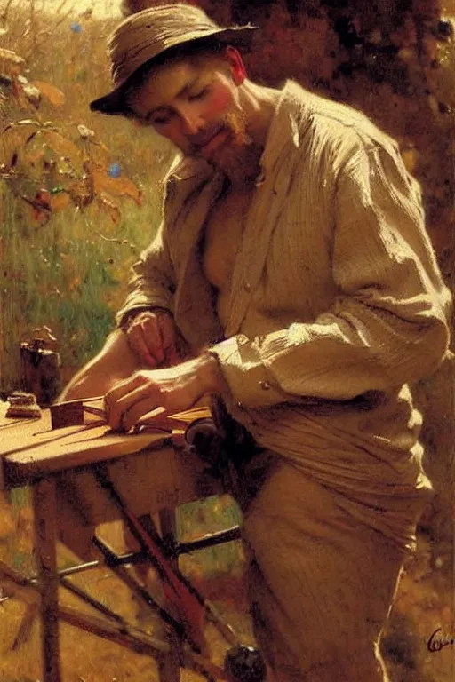 Image similar to gorgeous male whittling a wooden figure, alsace, painting by gaston bussiere, craig mullins, j. c. leyendecker