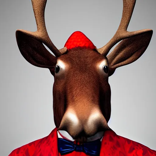 Image similar to a photo realistic moose dressed as a clown, 8 k, high detail, 8 0 mm, good lighting