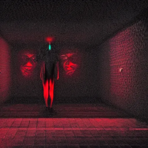 Image similar to cctv of an extremely dark empty room with glowing humanoid cryptid monster made out of static, dark deep black shadows, red and black color contrast in the style of trevor henderson and james ensor goya, liminal space, 3 d octane render, glitch effect