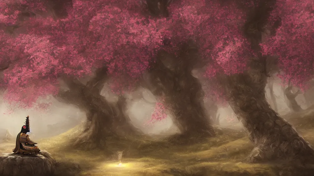 Image similar to beautiful painting of an armoured samurai meditating under a blossom tree, realistic, digital painting, concept art, matte painting, cinematic night lighting, 8 k, highly detailed, detailed terrain