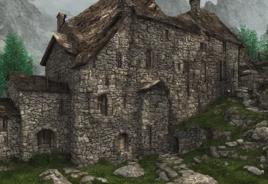 Image similar to a medieval stone house in a mountain near a river, extremely highly detailed, high quality, 8k HDR, trending on Artstation, concept art, cinematic lighting, DeviantArt