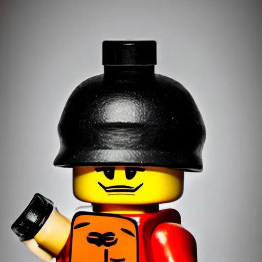 Image similar to !dream macro photo of angry man lego figure in black sportswear, eight-piece cap on head, holding a vodka bottle, ambient lighting