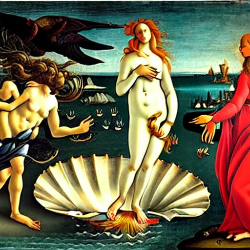 Prompt: high quality oil painting by botticelli, birth of venus with a raven bird